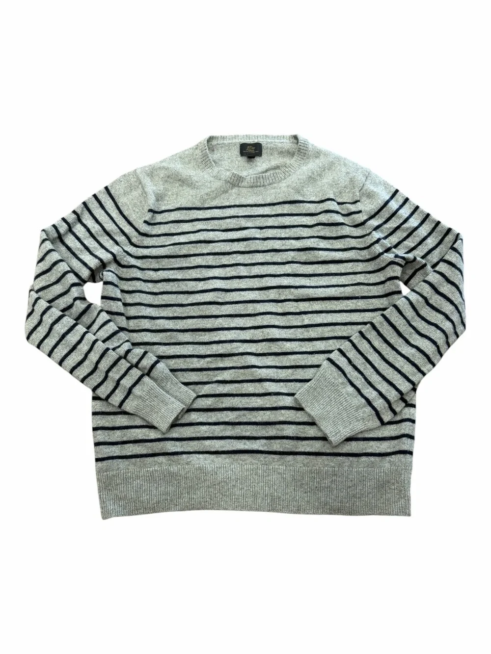 J. Crew 100% Cariaggi Cashmere Gray Crewneck Sweater with Navy Stripes M